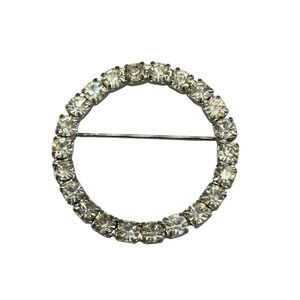 Vintage Rhinestone Circle Brooch | Silver Tone Art Deco Style